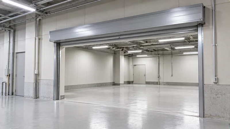 商業施設のバックヤードで、広い出入口の上に防火シャッターのケースが収まり、降りる位置の床に何も置かれていない様子を斜めからのイメージ