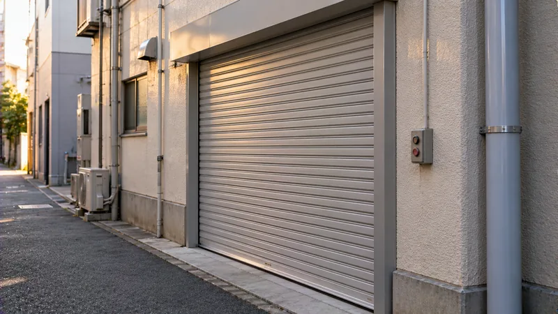 店舗の裏口に閉まった電動シャッターがあり、横の壁に押しボタンの箱が付いている様子を裏路地から斜めにのイメージ