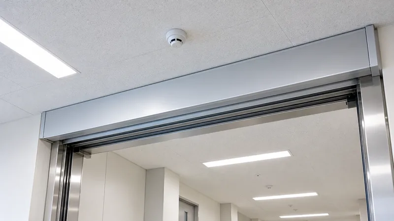 建物内の通路の天井に、丸い感知器と防火シャッターのケースが並んで見える写真風の画像のイメージ