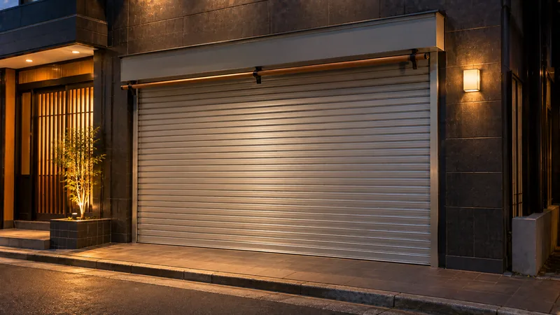 閉店後の夜、シャッターが下りた小さな飲食店の入口を正面からのイメージ