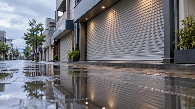 雨上がりの朝、ぬれた歩道に映り込む小さな店舗の閉じたシャッターを、歩道の低い位置からのイメージ