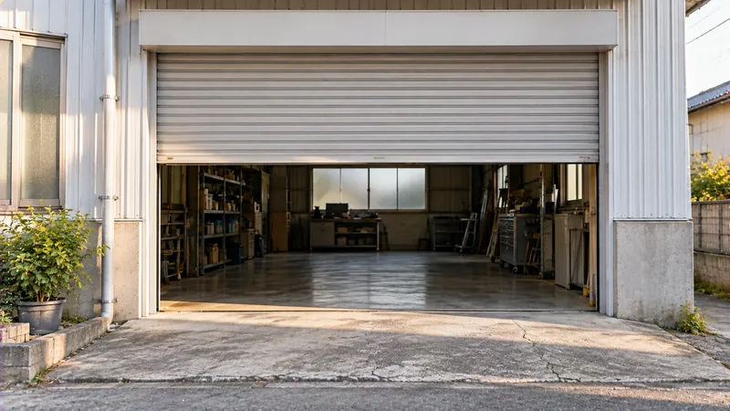 町工場の入口で、鉄のシャッターが半分ほど開いている様子を外から正面にのイメージ