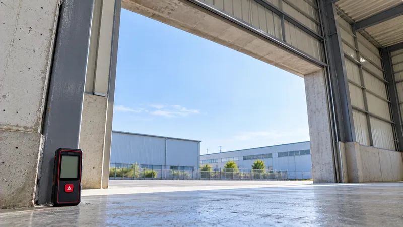 シャッターのない倉庫の開口の床にレーザー距離計を置き、開口の上の壁（まぐさ）を見上げる低い角度でのイメージ