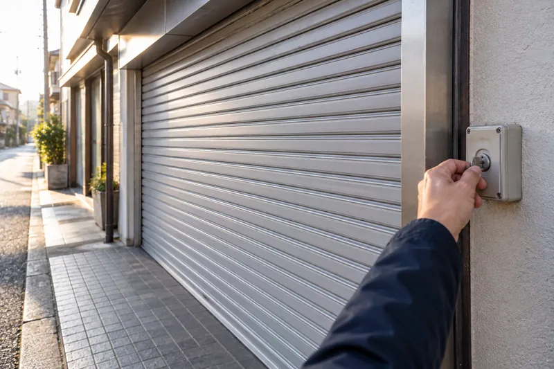 朝の開店前に閉まったまま開かない店舗の電動シャッター（イメージ）