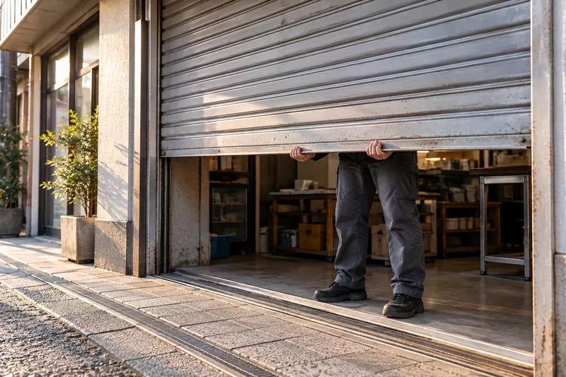 開けるのが重く、途中まで上げた店舗の手動シャッター(イメージ)