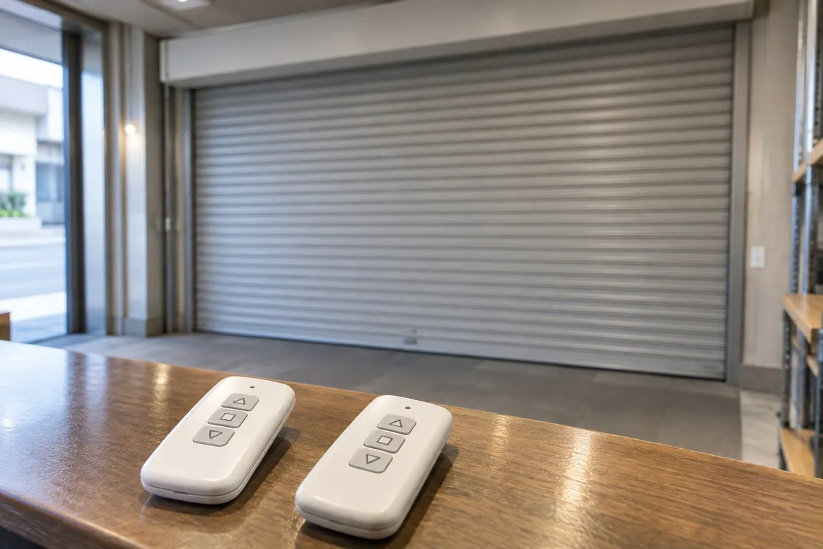 店舗の電動シャッターとリモコン（イメージ）